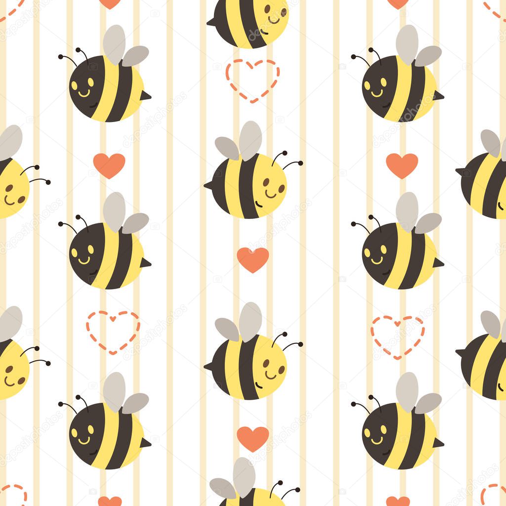 The seamless background of cute yellow and black bee with heart.