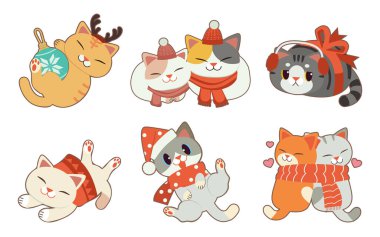 Beyaz arka planda Noel temalı şirin kedi koleksiyonu.