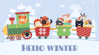 Mavi arka planda trende oturan sevimli kedi karakteri. 