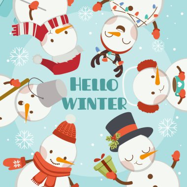 Mavi çerçeveli sevimli kardan adam ve arkadaş karakteri