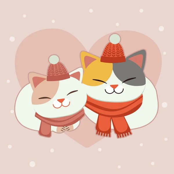 Character Cute Cat Wear Scarf Winter Hat Pink Background Heart — Stock Vector