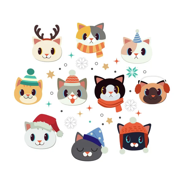 Die Kollektion von niedlichen Katzen mit Weihnachtsmotiv-Set — Stockvektor