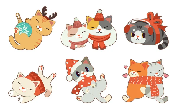 A coleção de gato bonito com tema de Natal no fundo branco — Vetor de Stock