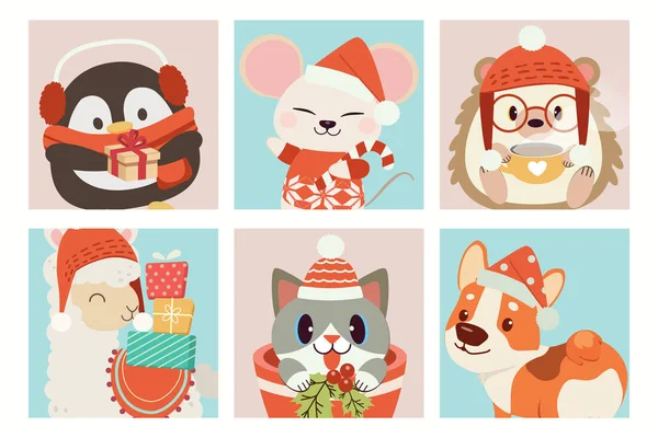 Kolekcja cute zwierząt w Boże Narodzenie motyw zestaw. — Wektor stockowy