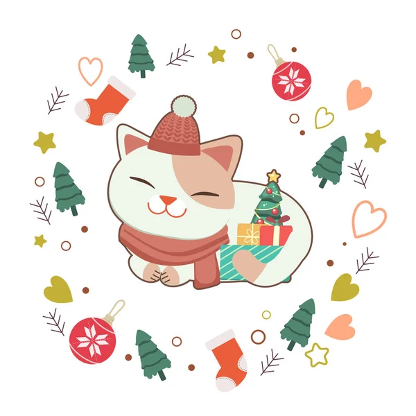 Характер милий кіт з подарунковою коробкою і маленькою різдвяною ялинкою — стоковий вектор