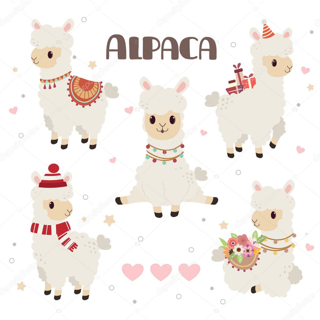 The collection of cute alpaca in the white backgrond and heart