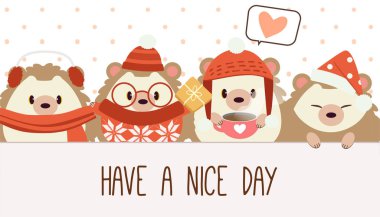 Tatlı kirpi karakteri. Arkadaşları ayakta duruyor ve 