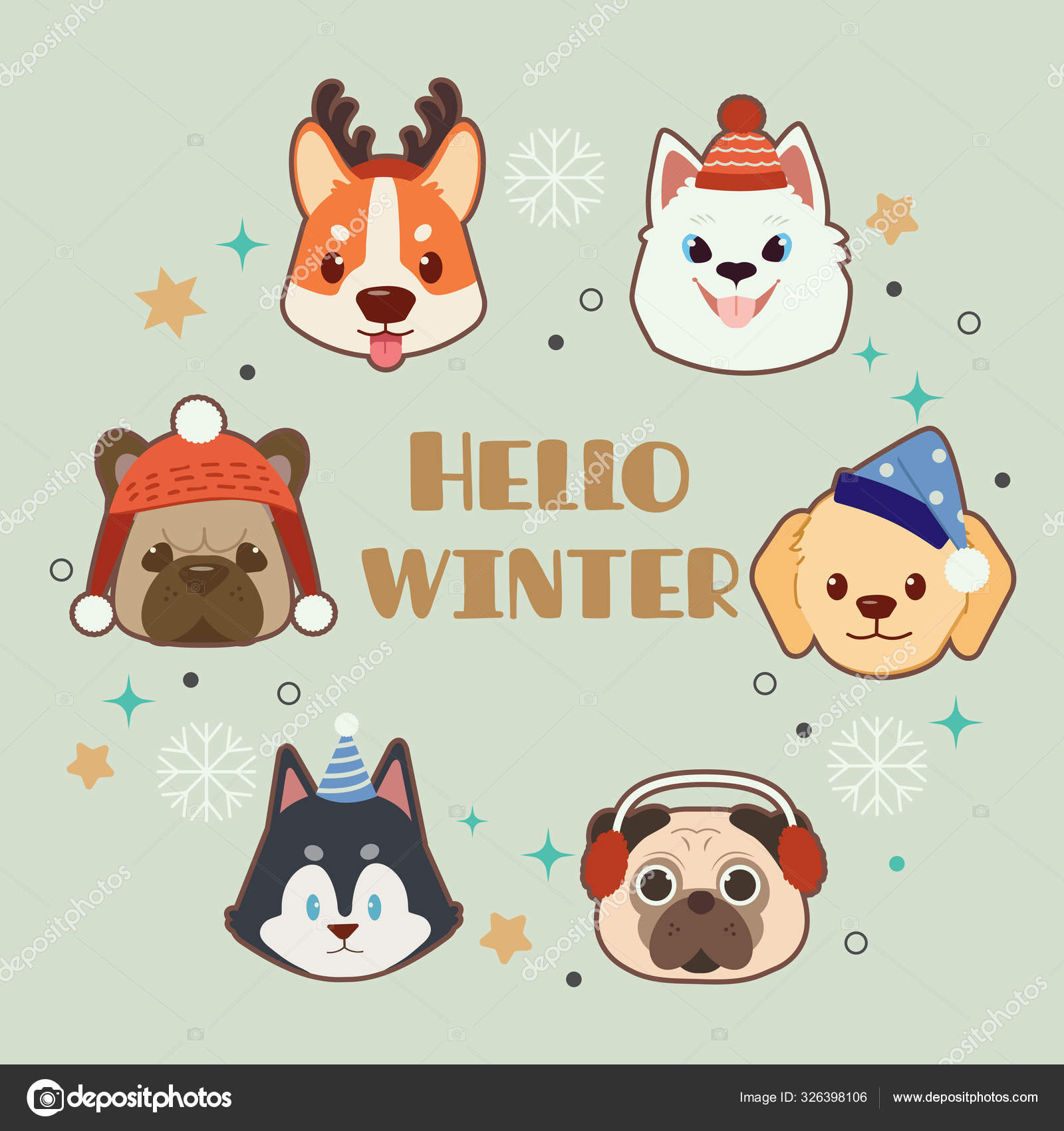 The collection of cute dog face with christmas theme and text of hello  winter Stock Vector Image by ©Guppictheduck #326398106