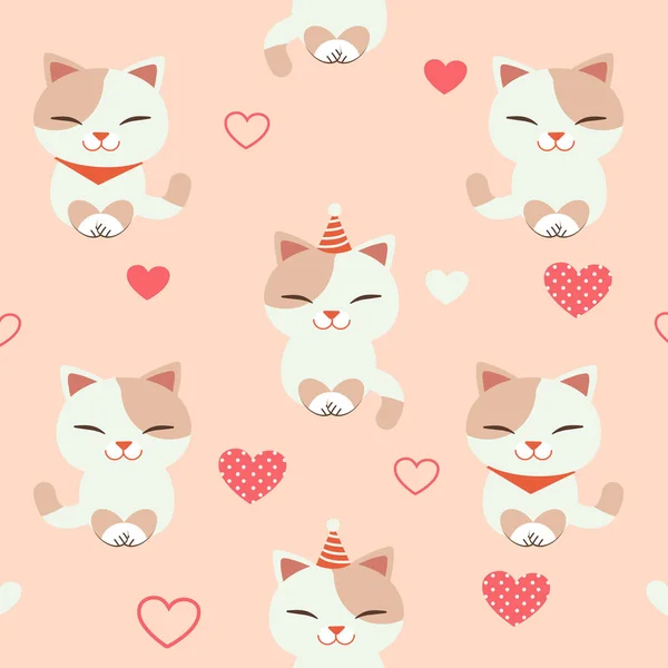 The seamless pattern of cute cat with heart on the pink background — Stock Vector