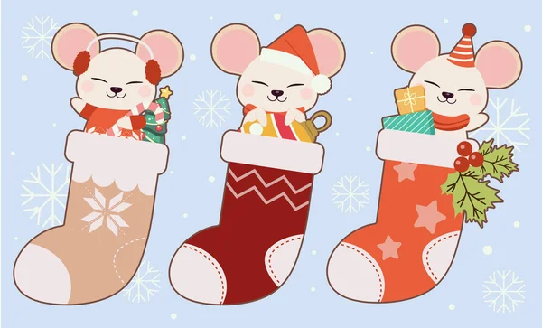 Колекція милих мишей у різдвяній шкарпетці — стоковий вектор