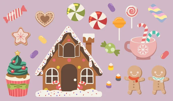 The collection of cute gingerbread and candy and cookkie and jelly — Stock Vector