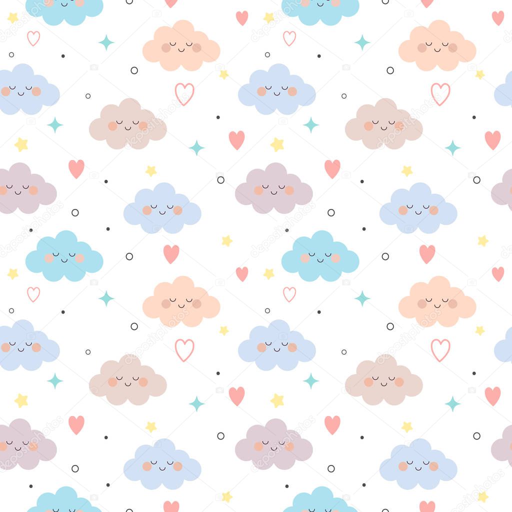 The seamless pattern of cloud and heart and star on the white background 