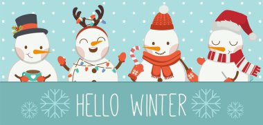 Mavi çerçeveli sevimli kardan adam ve arkadaşlarının kışa merhaba demeleri. 