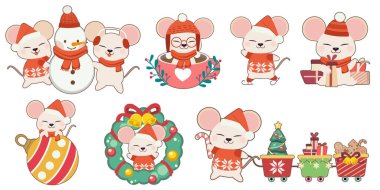 Beyaz arkaplanda Noel temalı şirin fare koleksiyonu