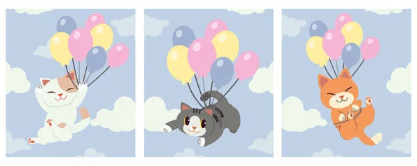 La colección de gato lindo sosteniendo un globo de arco iris en el cielo — Vector de stock