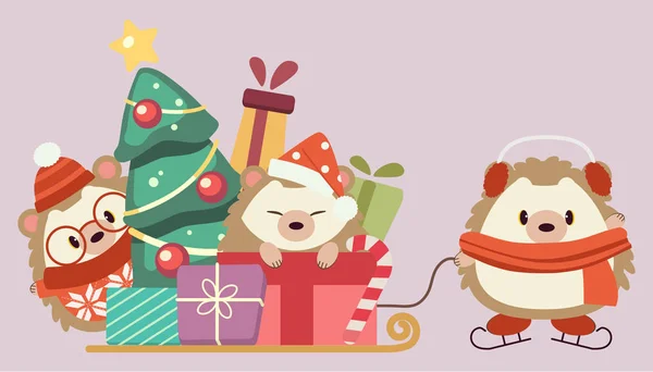El personaje de erizo lindo con pila de caja de regalo y árbol de Navidad — Archivo Imágenes Vectoriales