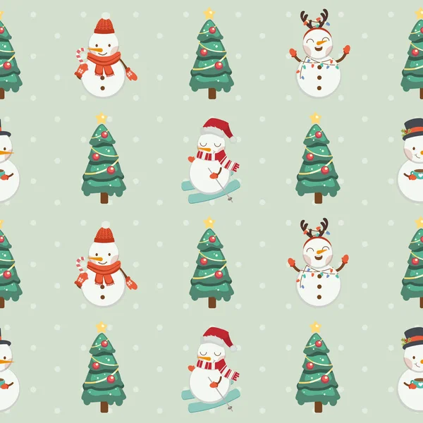 Η απρόσκοπτη μοτίβο του χιονάνθρωπου και χριστουγεννιάτικο δέντρο στο πράσινο — Διανυσματικό Αρχείο