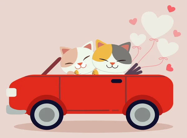 Персонаж милой кошки за рулем автомобиля с сердечным шаром — стоковый вектор
