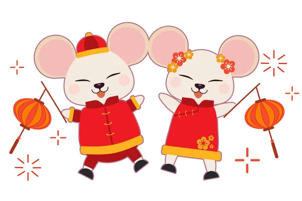 El personaje del ratón lindo llevar traje chino y dacing en el fondo blanco — Vector de stock