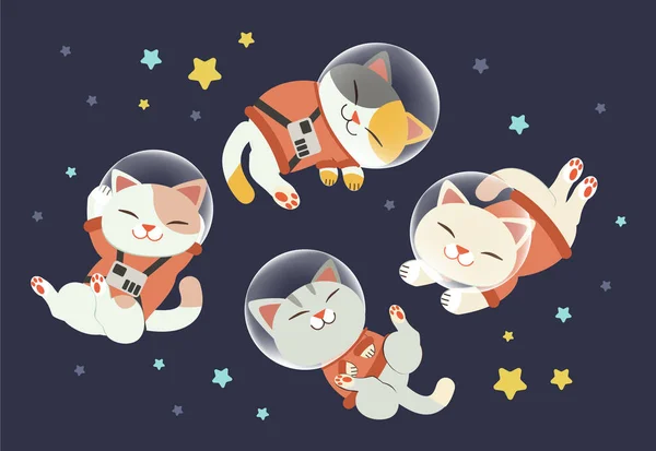 El personaje de lindo gato usar un traje espacial con amigos en el espacio — Archivo Imágenes Vectoriales