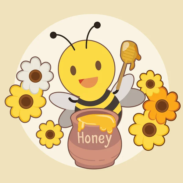 Персонаж милой пчелы с банкой меда и цветком на желтой подстилке — стоковый вектор