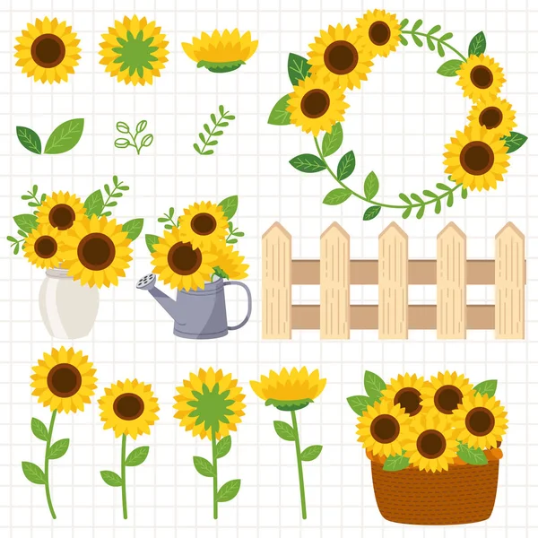 Die Sammlung von Sonnenblumen und Zaun und Wasserkanister und Glas — Stockvektor