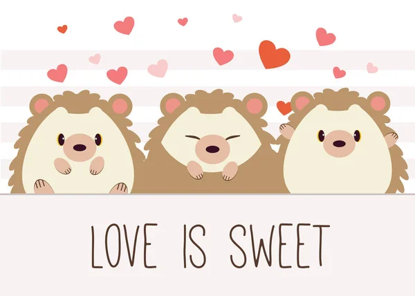 The character of cute hedgehog with pattern of heart and text of love is sweet — Stock Vector