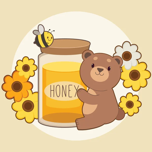 El personaje de oso lindo abrazando un gran tarro de miel con abeja — Vector de stock