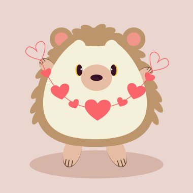 The character of cute hedgehog holding a ribbon of heart on the pink bsckground 