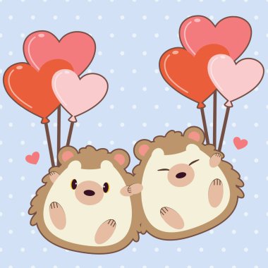 The character of cute hedgehog holding a heart balloon on the blue background