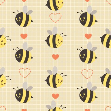 The seamless pattern of cute bee and heart on the yellow backgrond
