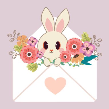 The character of cute rabbit sitting in the letter with heart