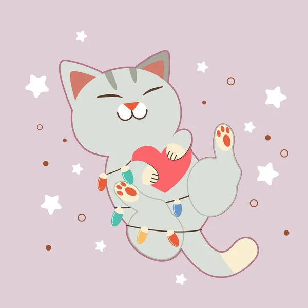 Персонаж милый кот обнимает сердце с лампочкой на фиолетовом фоне — стоковый вектор