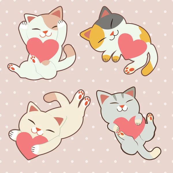 La collection de chat mignon avec coeur dans un ensemble de thème de valentines . — Image vectorielle