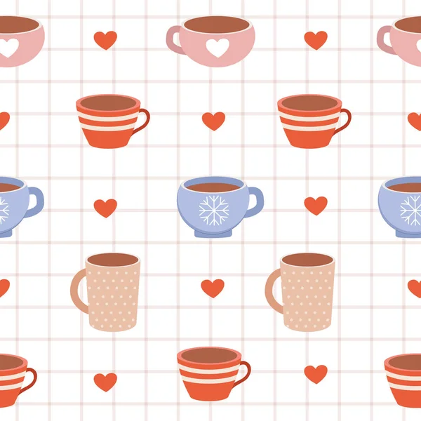 The seamless pattern of cute cup and heart on the white background