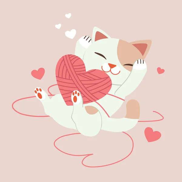 The character of cute cat playing with yarn with a heart — Stock Vector
