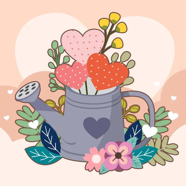 The heart in the watercan and flower and leaf on the pink background — Stok Vektör