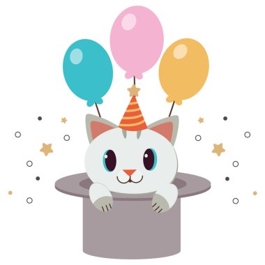 Beyaz arka planda balonlu ve yıldızlı silindir şapkalı sevimli kedi karakteri. Şirin kedi parti şapkası takıyor. Düz vektör biçiminde sevimli kedi karakteri.