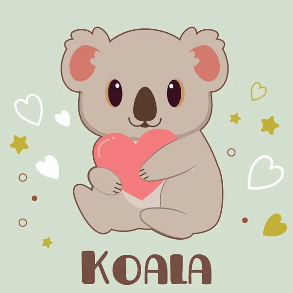 The character of cute koala hugging a heart in the green background. The  character of cute