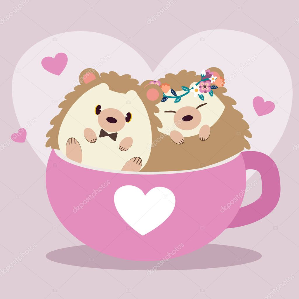 The cute couple in love of hedgehog sitting in the big cup with wedding theme in the pueple background. The character of cute hedgehog wear a flower crown and ribbon. The cute hedgehog in flat vector.