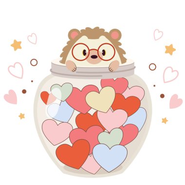 Büyük bir kavanozda oturan tatlı kirpi karakteri. 