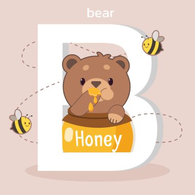 Tatlı ayı karakteri bal kavanozunda oturuyor ve yazı tipi...