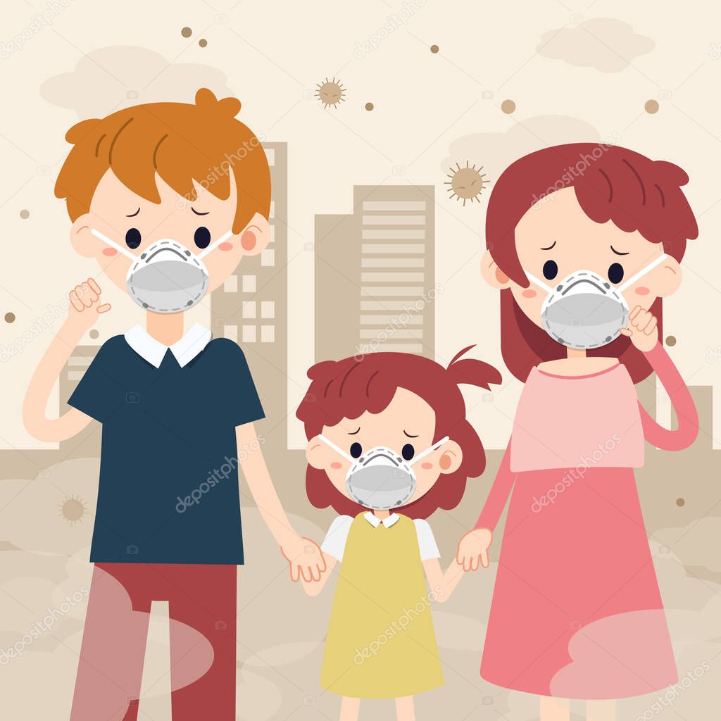 The character of family with mask and dust city. The family feel