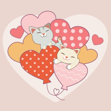 Pembe arka planda kalp balonu olan sevimli kedi karakteri. Bir sürü kalp balonu olan sevimli kediye aşık bir çift. Düz vektör biçiminde sevimli kedi karakteri.