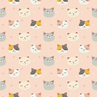 Pembe arka plandaki sevimli kedinin kusursuz deseni. Pembe arka plandaki sevimli kedi deseni. Düz vektör biçiminde sevimli kedi karakteri.