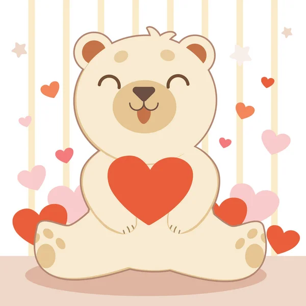 The character of cute bear hugging a big red heart on the white and yellow background. The character of cute bear look happy with heart. The character of cute bear in flat vector style.