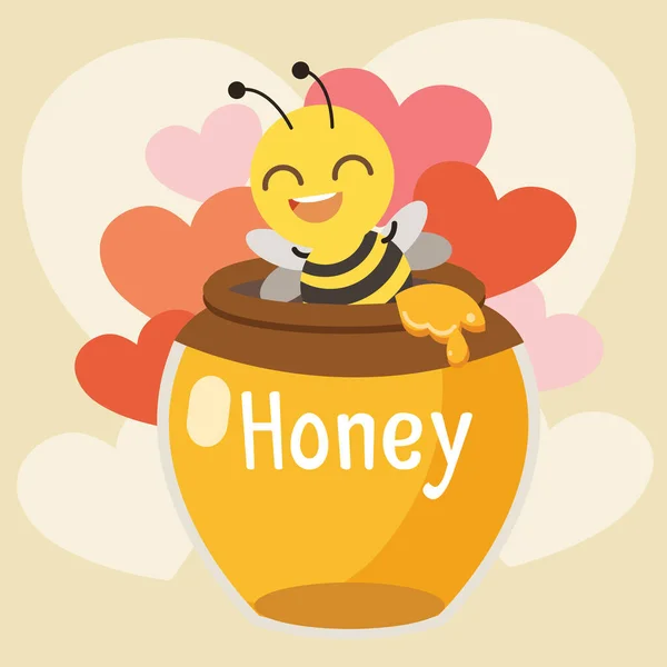 可爱的蜜蜂坐在蜂蜜罐子里 黄色背景上有一颗心 这只可爱的蜜蜂非常喜欢蜂蜜和蜂蜜罐 扁平矢量式蜜蜂的特征 — 图库矢量图片