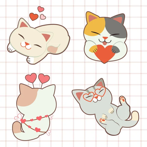 Collection Caractère Chat Mignon Avec Coeur Fixé Sur Fond Blanc — Image vectorielle