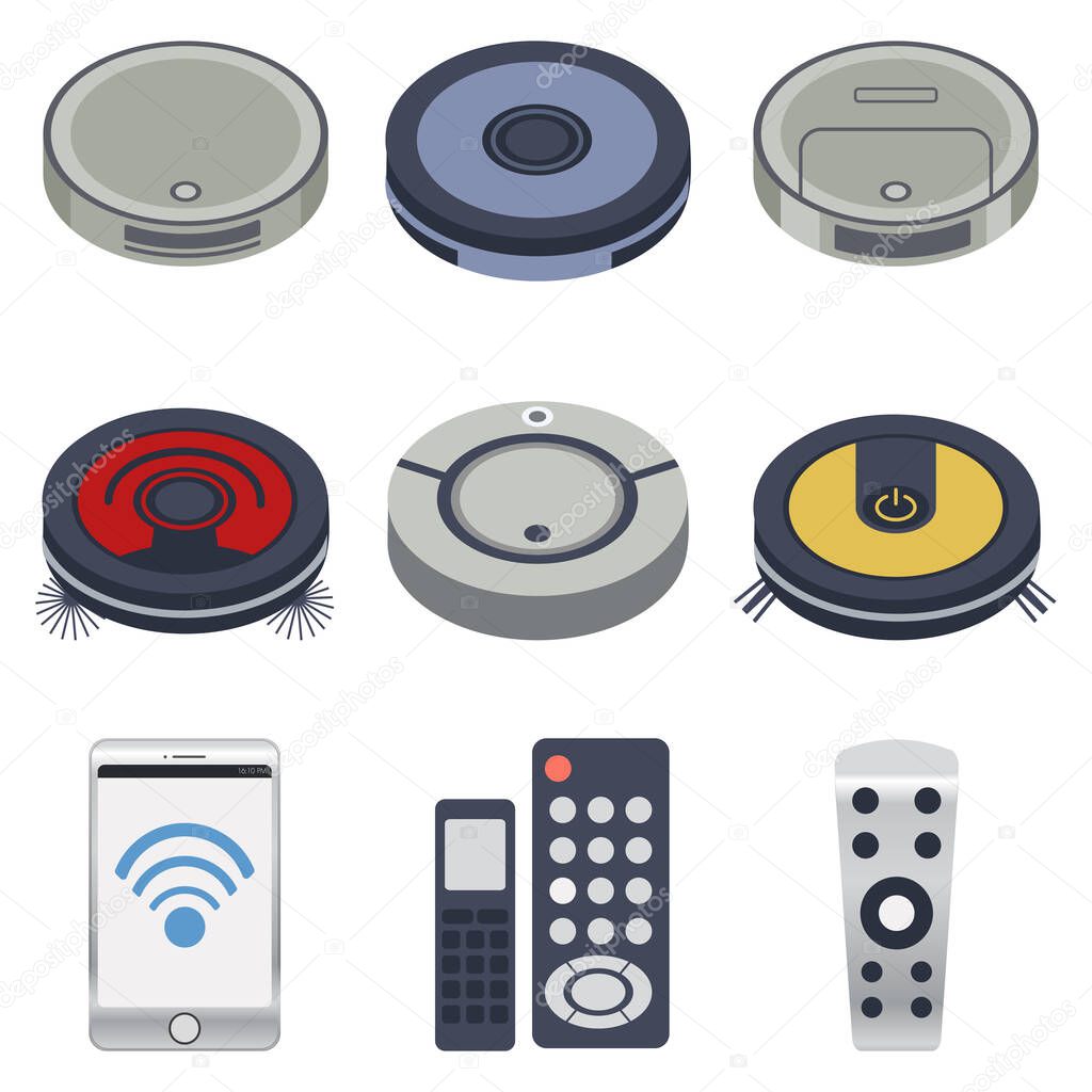 The collection of robot vacuum in many style with phone and remote control on the white background.The phone can control the robot vacuum with wifi. The robot vaccum in flat vector style.