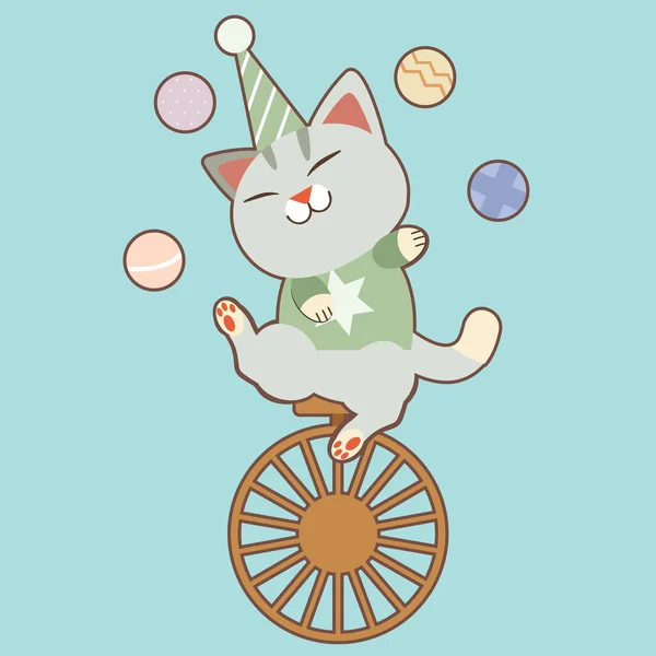 かわいい猫のキャラクターがボールを演奏し 1輪バイカーに座っています かわいい猫のキャラクターはパーティーの帽子をかぶってボールでお楽しみください フラットベクトルスタイルのかわいい猫のキャラクター — ストックベクタ